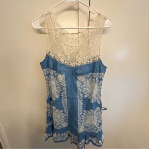 Vintage Free People Paisley Linen Blend Mini Shift Dress Blue White Size 12